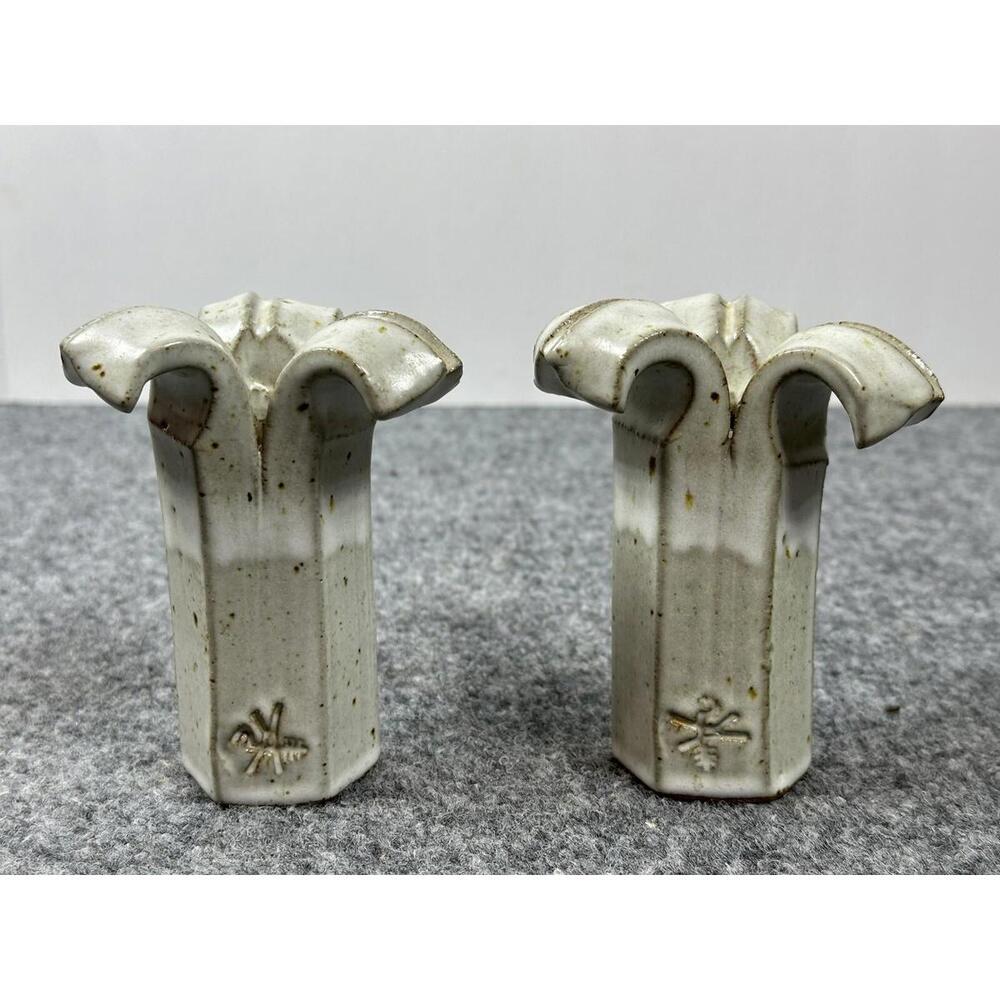 Paul Anthony Signed Art Pottery Candlestick Pair 4 3/4” Tall Brown Speck Glaze 2